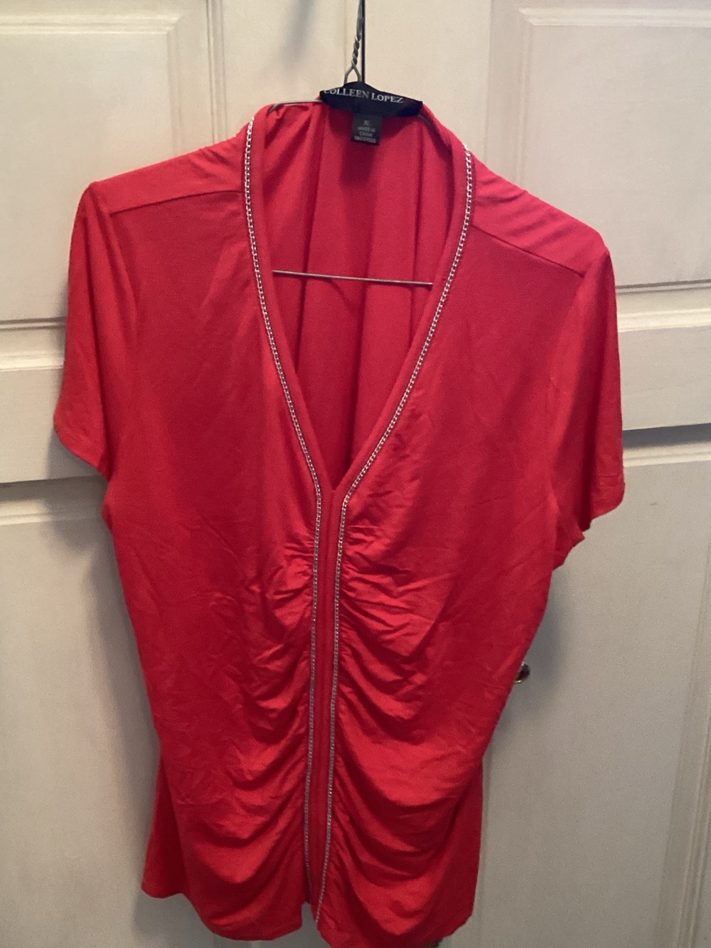 Colleen Lopez Vibrant Red Short Sleeve V-Neck Lounge Top with Trim